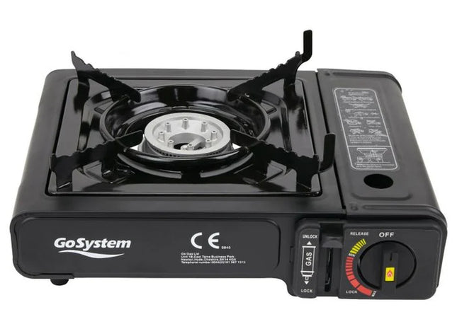 Black portable gas stove with GoSystem branding on a white background