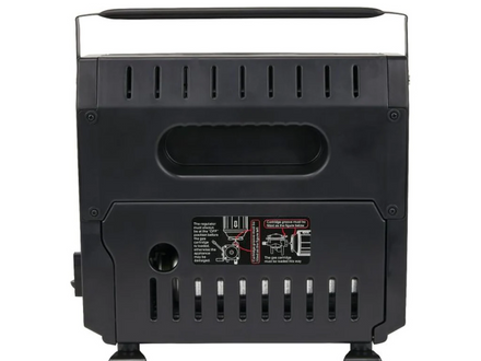 Black portable stove with visible branding on a white background