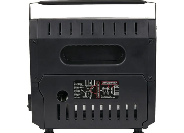 Black portable stove with visible branding on a white background