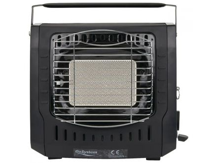 Black portable heater with visible branding on a white background