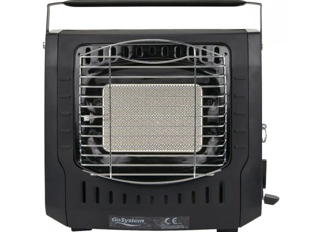 Black portable heater with visible branding on a white background