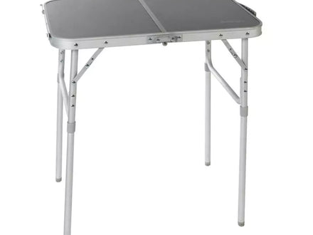 Foldable camping table with a gray top and white legs on a white background