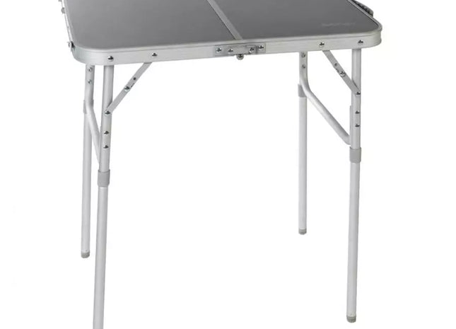Foldable camping table with a gray top and white legs on a white background